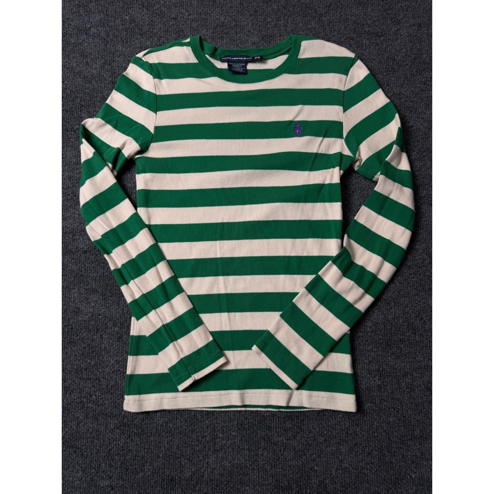 Ralph Lauren Sport Women's M Green White Striped Long Sleeve Cotton Shirt 0078